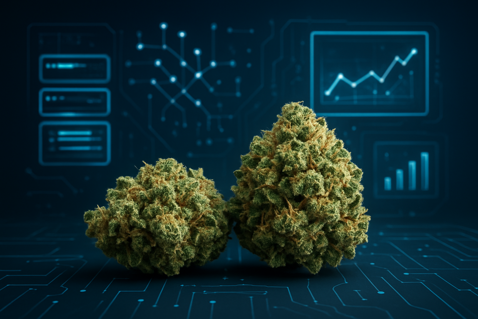 Close-up of premium cannabis buds on a tech-themed background