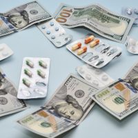 Diverse assortment of prescription medications placed around dollar bills on a light blue background
