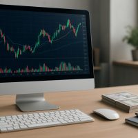 A sleek computer monitor displaying a financial trading chart, with a keyboard, mouse, and a stack of cash on a wooden d