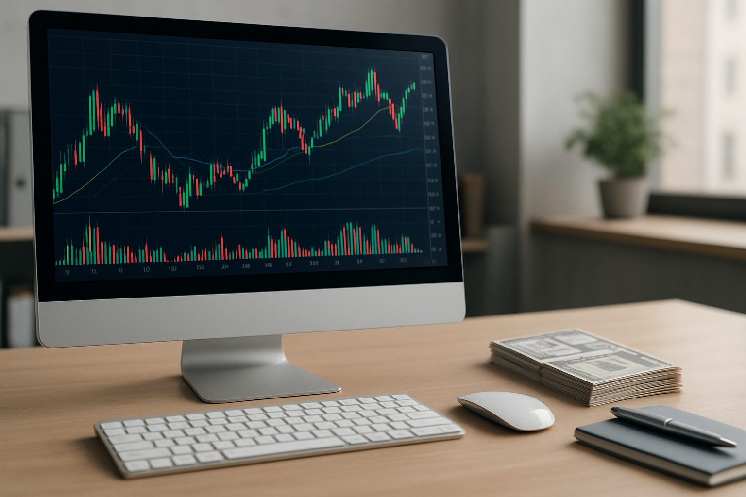 A sleek computer monitor displaying a financial trading chart, with a keyboard, mouse, and a stack of cash on a wooden d