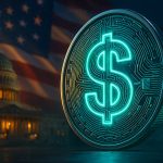 A futuristic dollar coin with circuit patterns, in front of a blurred U.S. Capitol building and an American flag backgro