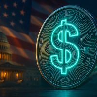 A futuristic dollar coin with circuit patterns, in front of a blurred U.S. Capitol building and an American flag backgro
