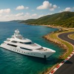 Luxury yacht anchored near a coastal road by the sea, set against a mountainous backdrop.