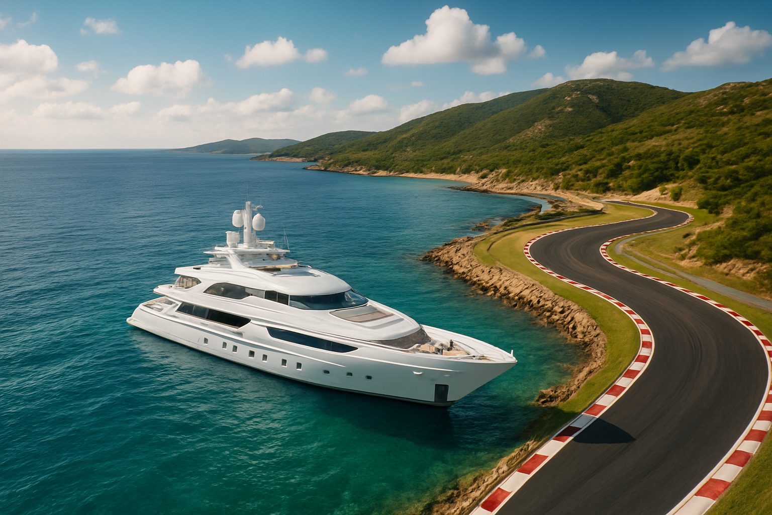 Luxury yacht anchored near a coastal road by the sea, set against a mountainous backdrop.